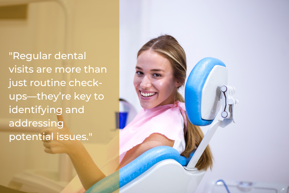 A person smiling while seated in a dental chair, with a quote about the importance of regular dental check-ups displayed beside them, highlighting the key to maintaining a healthy smile.