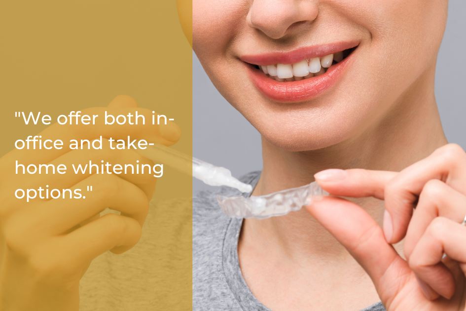 A woman smiling holds a clear dental whitening tray. Text on the image reads: "We offer both in-office and take-home professional teeth whitening options in McGregor.