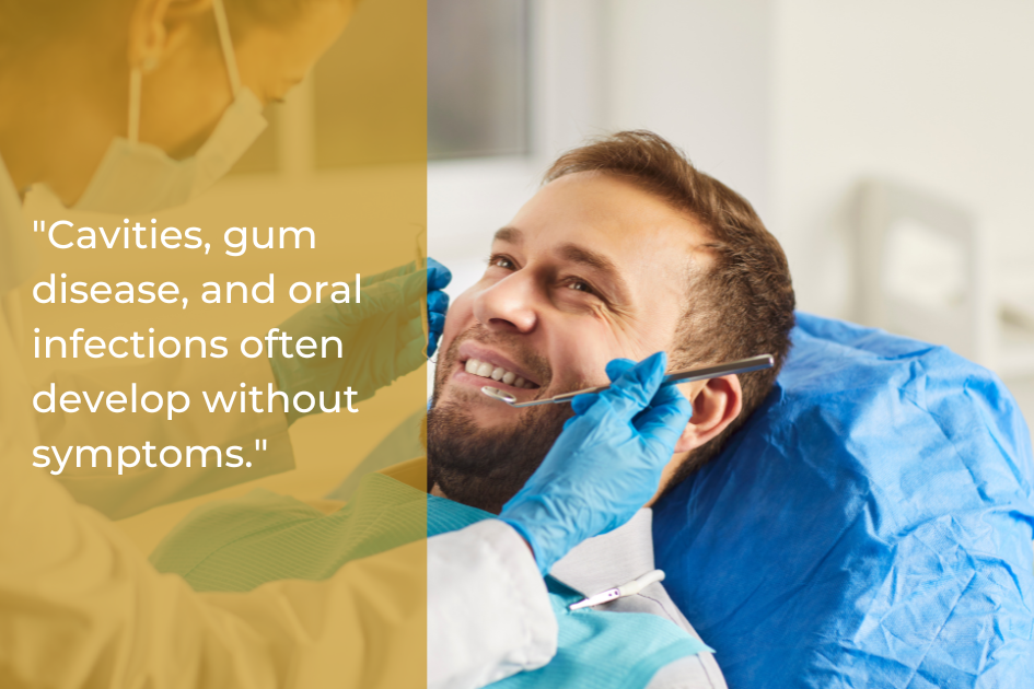A dentist at Main Street Dental in McGregor examines a smiling patient during a dental exam, while a text overlay reads, "Cavities, gum disease, and oral infections often develop without symptoms.