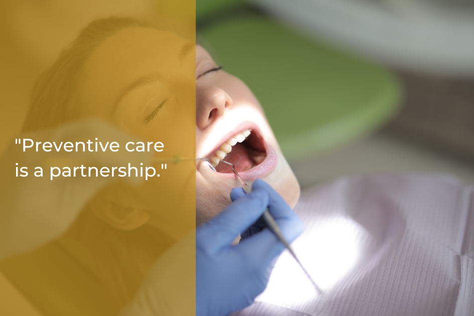 A dentist at Main Street Dental examines a patient’s teeth with dental tools; overlay text reads, "Preventive care is a partnership.