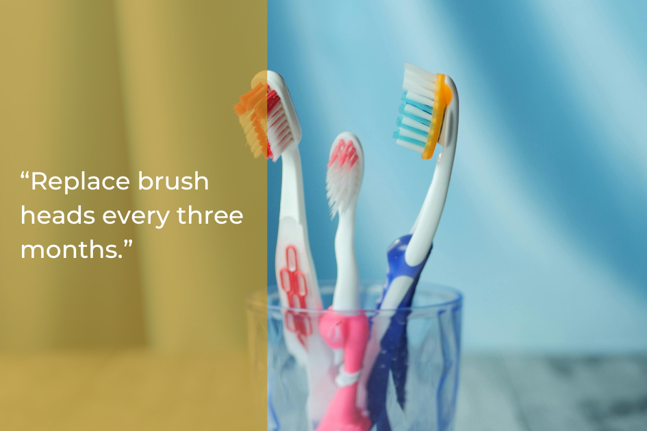 Three toothbrushes in a glass against a blue and yellow background with the text: "Replace brush heads every three months for better oral hygiene.