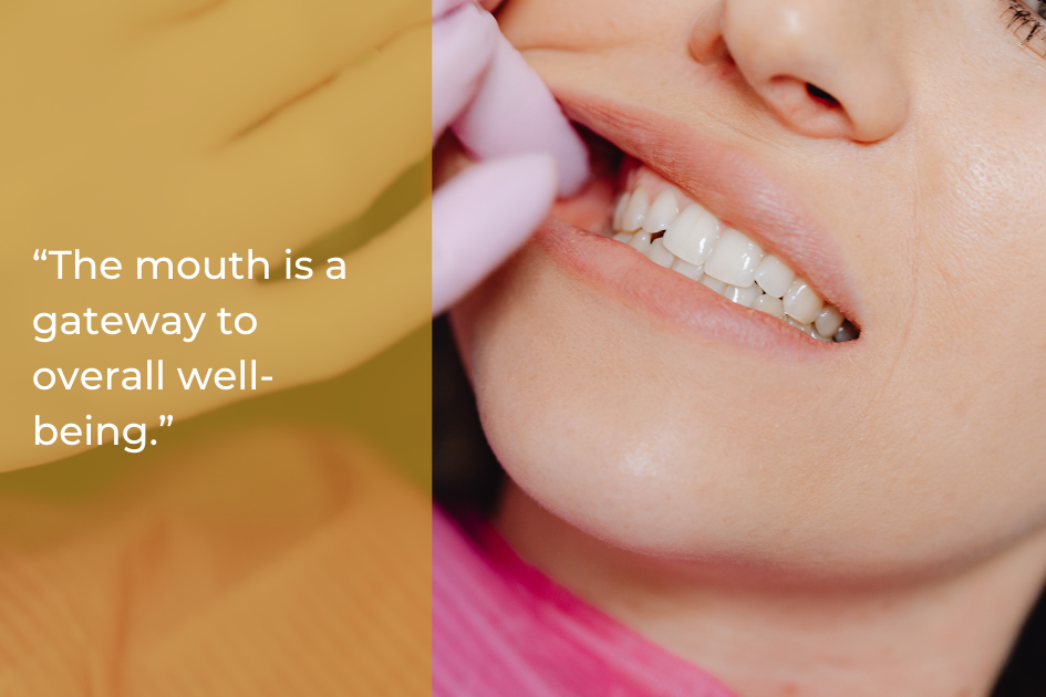A dentist in pink gloves examines a woman's teeth while she pulls back her lip, next to the text: "The mouth is a gateway to overall well-being—make oral health a top priority for your 2026 dental resolutions.